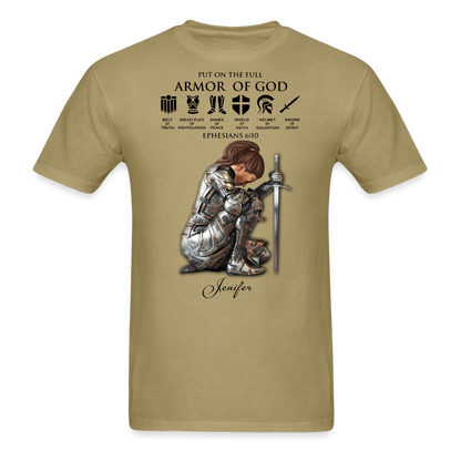 Personalized Custom Name, Skin Tone And Hairstyles Woman Warrior Of God Put On The Full Armor Of God Ephesians 6-10 T-Shirt - khaki