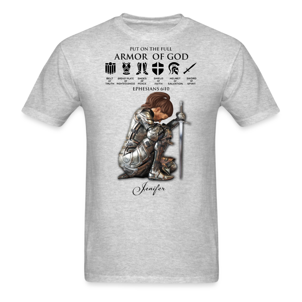 Personalized Custom Name, Skin Tone And Hairstyles Woman Warrior Of God Put On The Full Armor Of God Ephesians 6-10 T-Shirt - heather gray