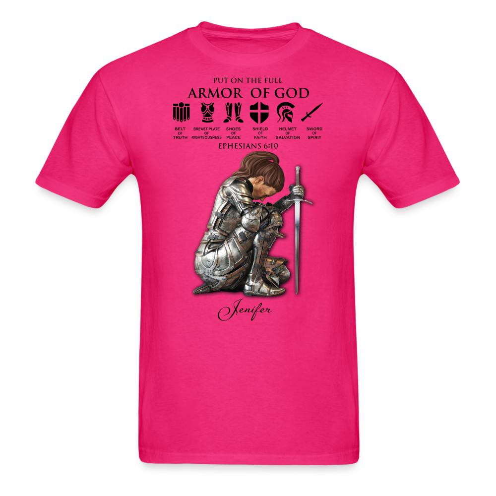 Personalized Custom Name, Skin Tone And Hairstyles Woman Warrior Of God Put On The Full Armor Of God Ephesians 6-10 T-Shirt - fuchsia