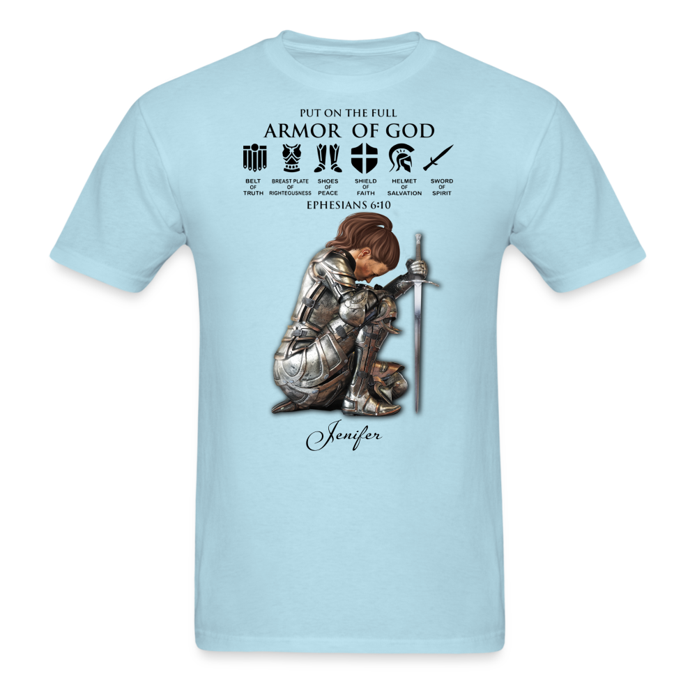 Personalized Custom Name, Skin Tone And Hairstyles Woman Warrior Of God Put On The Full Armor Of God Ephesians 6-10 T-Shirt - powder blue