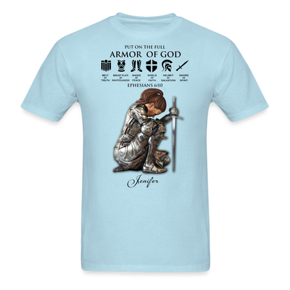 Personalized Custom Name, Skin Tone And Hairstyles Woman Warrior Of God Put On The Full Armor Of God Ephesians 6-10 T-Shirt - powder blue