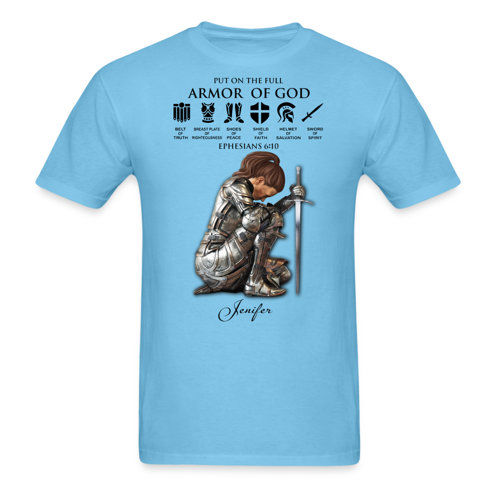 Personalized Custom Name, Skin Tone And Hairstyles Woman Warrior Of God Put On The Full Armor Of God Ephesians 6-10 T-Shirt - aquatic blue