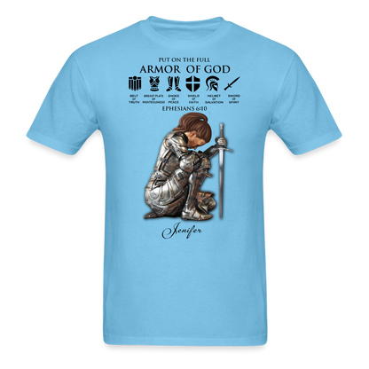 Personalized Custom Name, Skin Tone And Hairstyles Woman Warrior Of God Put On The Full Armor Of God Ephesians 6-10 T-Shirt - aquatic blue