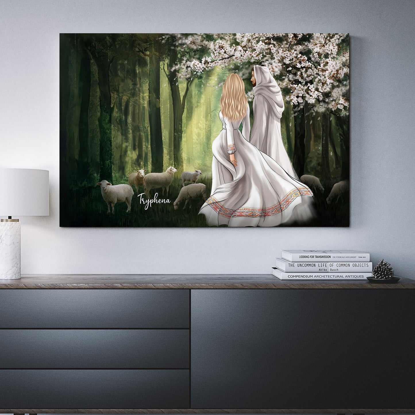 Personalized Woman First Day In Heaven Walking With Jesus Among The Lambs Canvas Prints