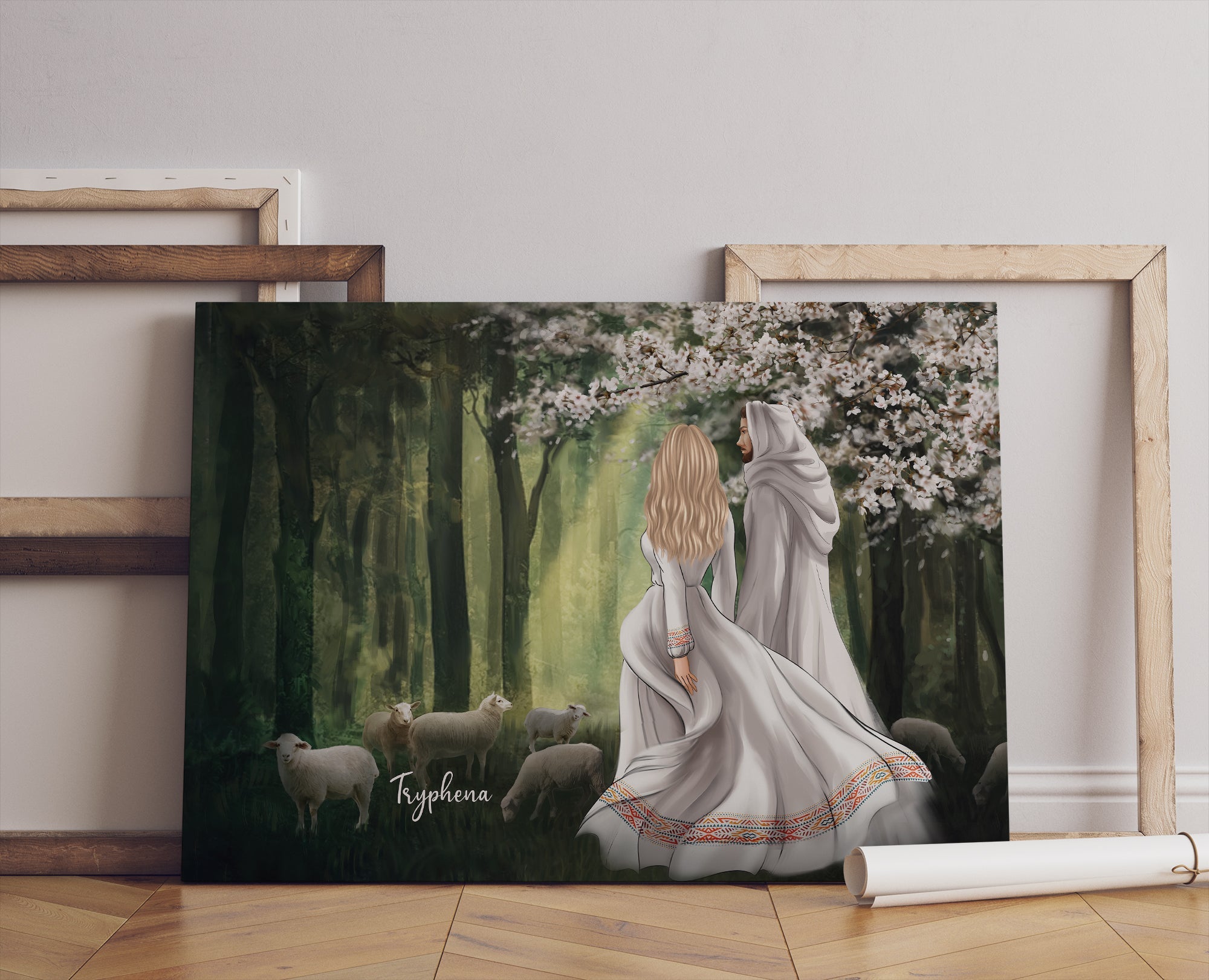 Personalized Woman First Day In Heaven Walking With Jesus Among The Lambs Canvas Prints