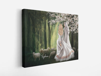 Personalized Woman First Day In Heaven Walking With Jesus Among The Lambs Canvas Prints